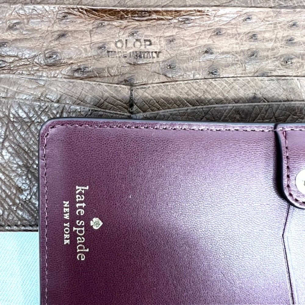Vgt  ALOP  Milan Wallet made Italy  Ostritch Brown & Kate Spade N.Y. Burgendy 15 - Picture 3 of 15